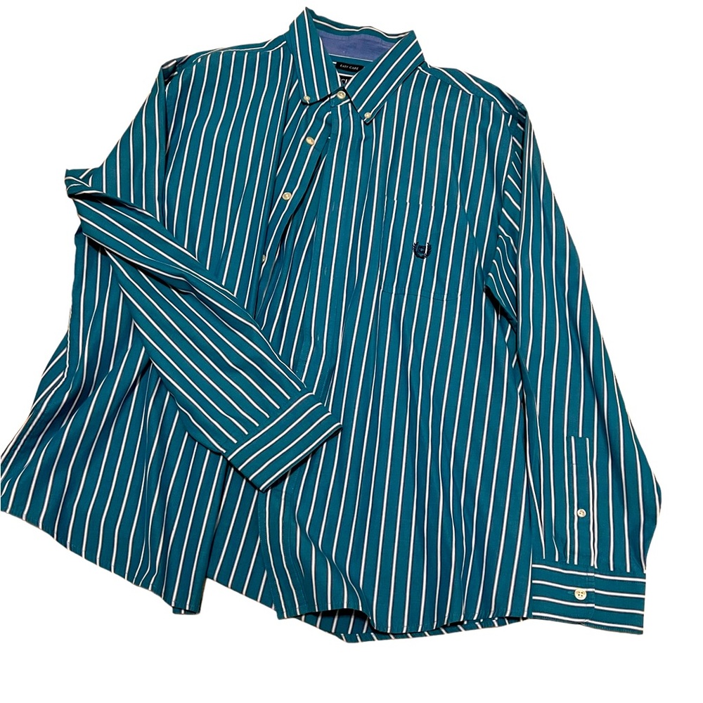 chaps blue & white striped button up dress shirt